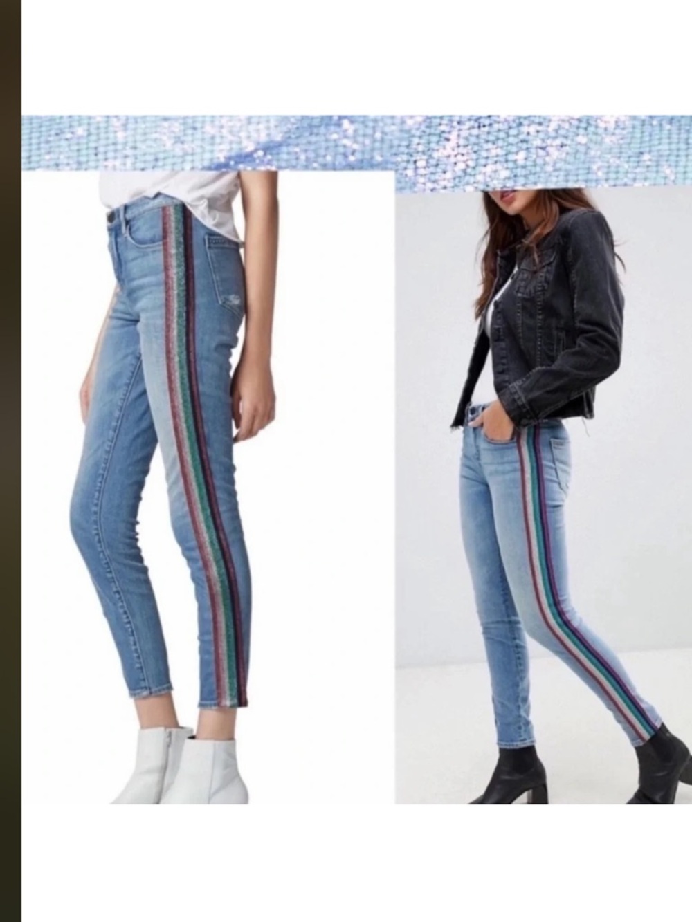 Blank NYC Light Blue Skinny Jeans with Green-Purple-Pink Side Stripes